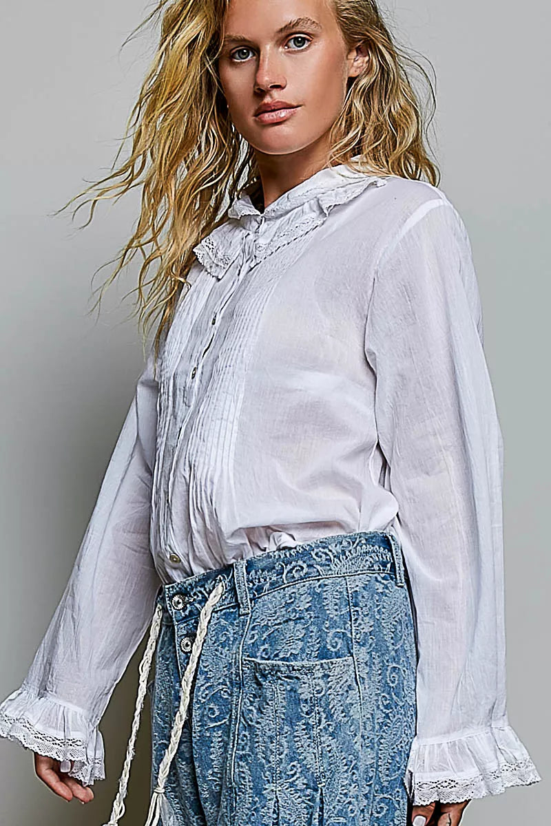 Pol Woven Lace Trim Pintuck Button-down Shirt IVORY view 2 (top) - pol shirt, pol down shirt, pol woven - shop at us.meeeshop