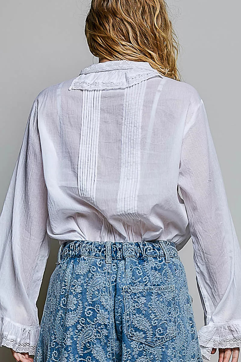 Pol Woven Lace Trim Pintuck Button-down Shirt IVORY view 3 (top) - pol shirt, pol down shirt, pol woven - shop at us.meeeshop