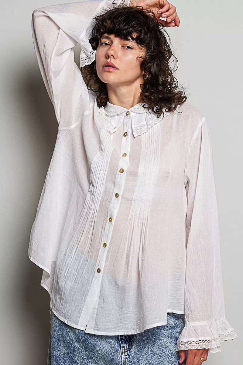 Pol Woven Lace Trim Pintuck Button-down Shirt view 10 (top) - pol shirt, pol down shirt, pol woven lace - shop at us.meeeshop