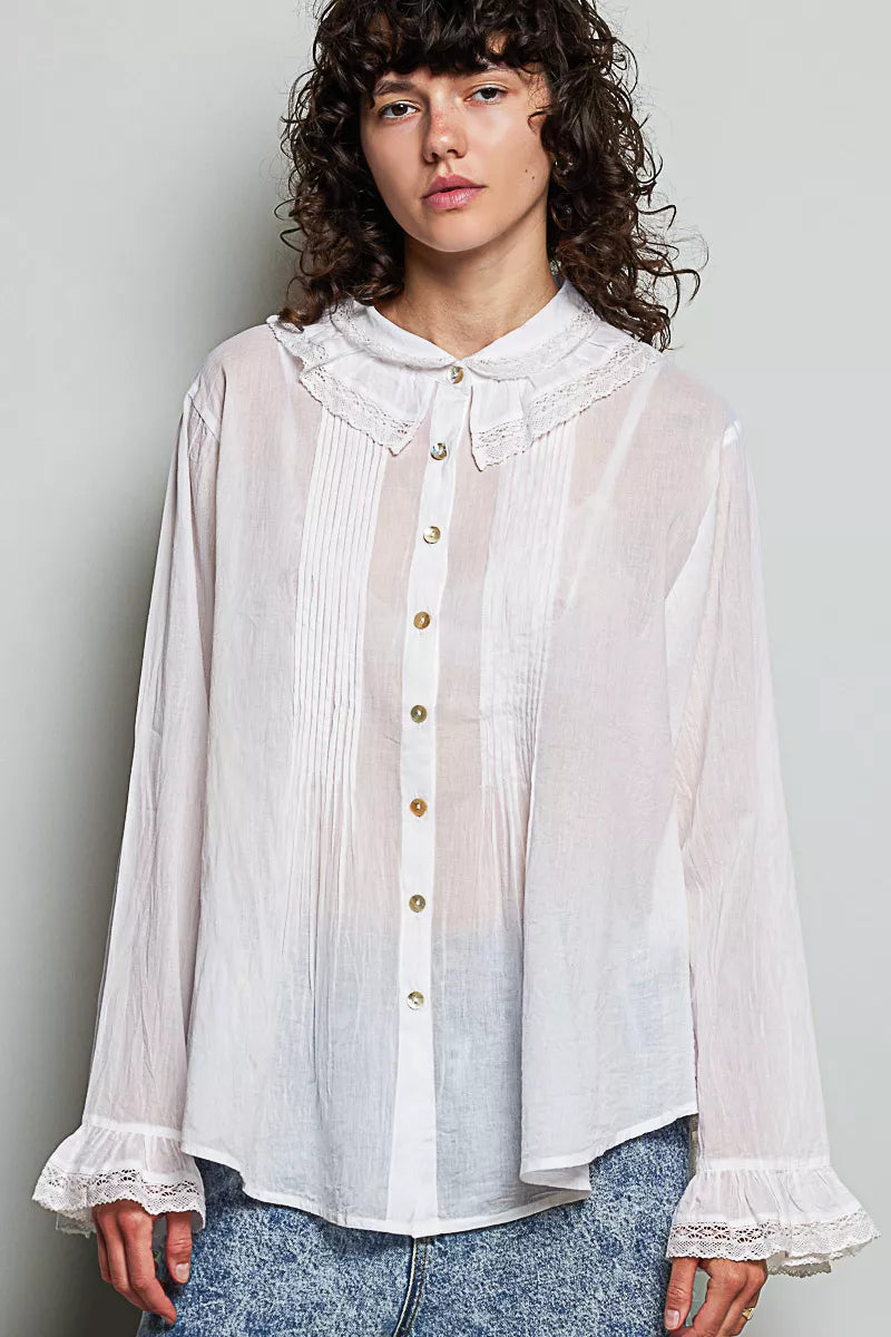 Pol Woven Lace Trim Pintuck Button-down Shirt view 11 (top) - pol shirt, pol down shirt, pol woven lace - shop at us.meeeshop