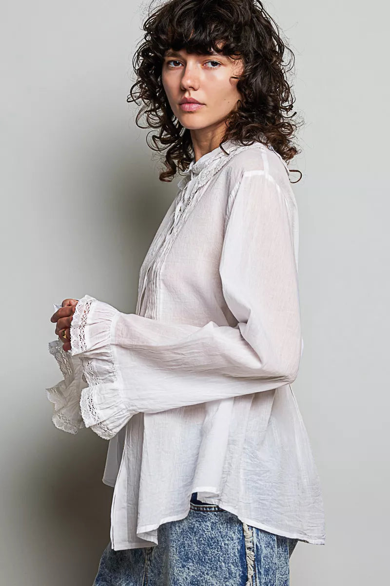 Pol Woven Lace Trim Pintuck Button-down Shirt view 12 (top) - pol shirt, pol down shirt, pol woven lace - shop at us.meeeshop