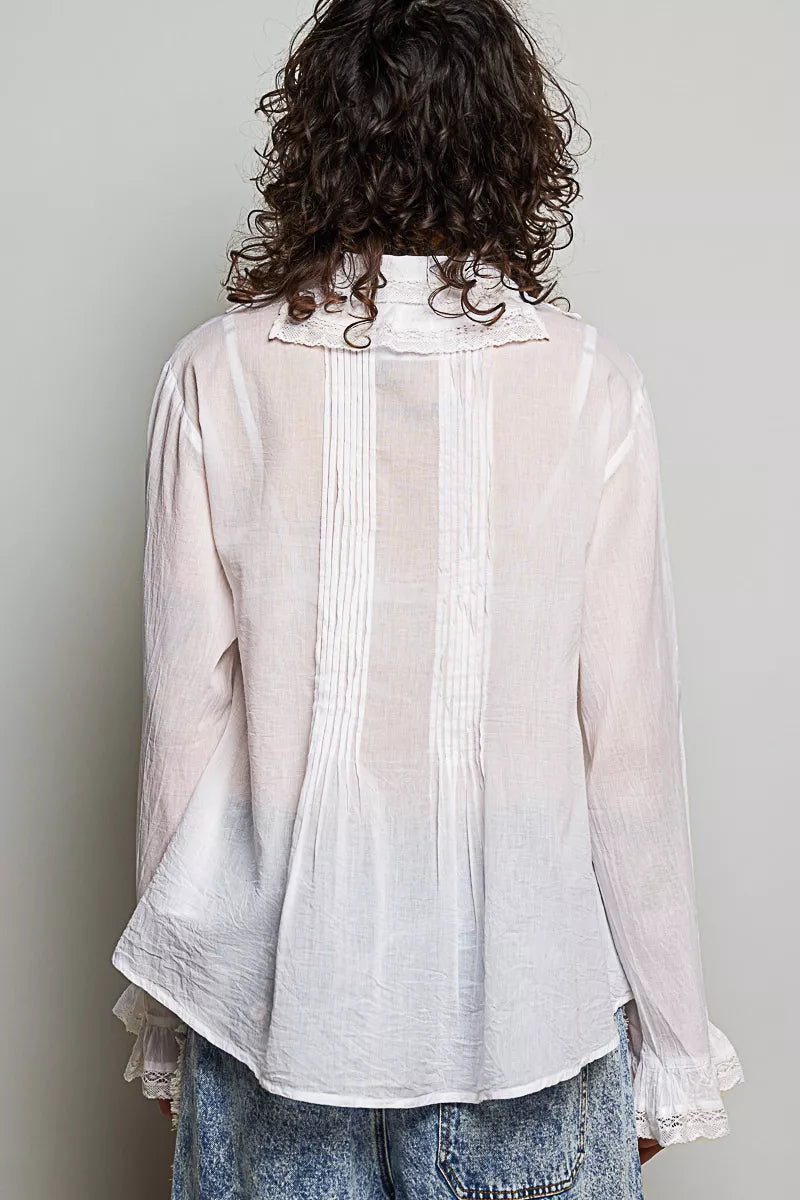 Pol Woven Lace Trim Pintuck Button-down Shirt view 13 (top) - pol shirt, pol down shirt, pol woven lace - shop at us.meeeshop
