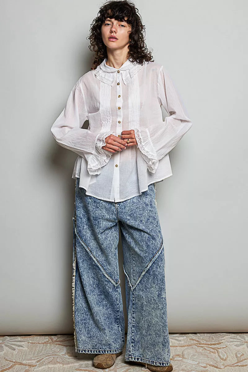 Pol Woven Lace Trim Pintuck Button-down Shirt view 14 (top) - pol shirt, pol down shirt, pol woven lace - shop at us.meeeshop