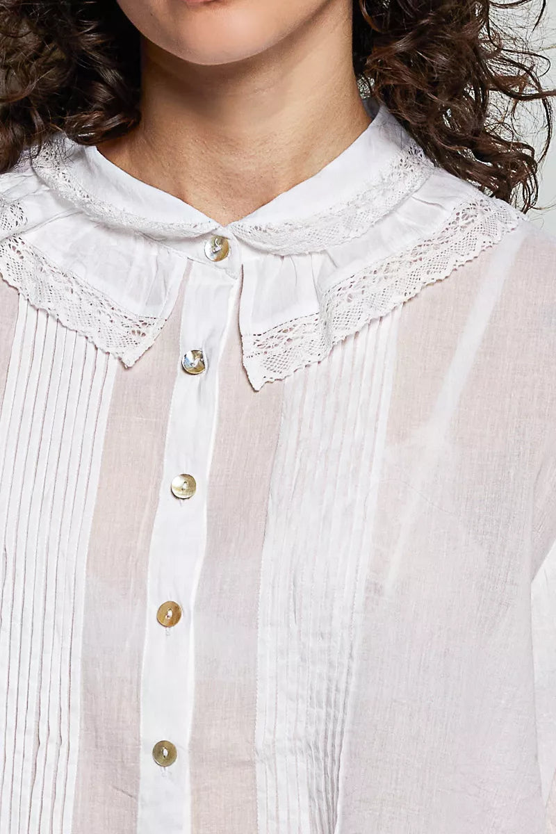 Pol Woven Lace Trim Pintuck Button-down Shirt view 15 (top) - pol shirt, pol down shirt, pol woven lace - shop at us.meeeshop