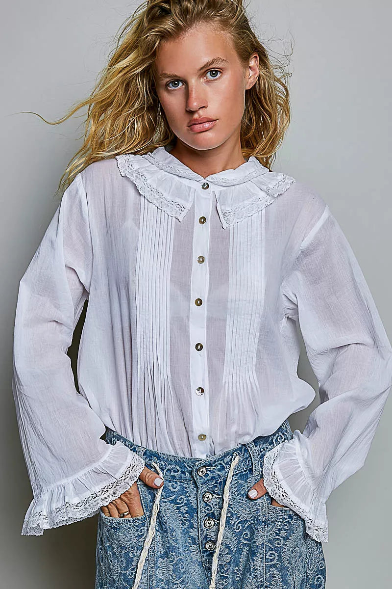 Pol Woven Lace Trim Pintuck Button-down Shirt view 4 (top) - pol shirt, pol down shirt, pol woven lace  - shop at us.meeeshop