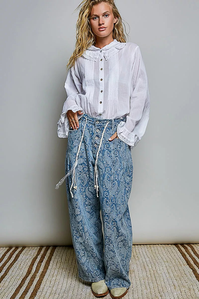 Pol Woven Lace Trim Pintuck Button-down Shirt view 5 (top) - pol shirt, pol down shirt, pol woven lace  - shop at us.meeeshop