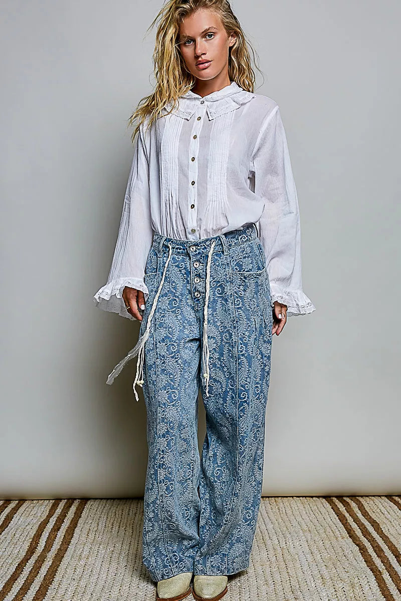 Pol Woven Lace Trim Pintuck Button-down Shirt view 6 (top) - pol shirt, pol down shirt, pol woven lace  - shop at us.meeeshop