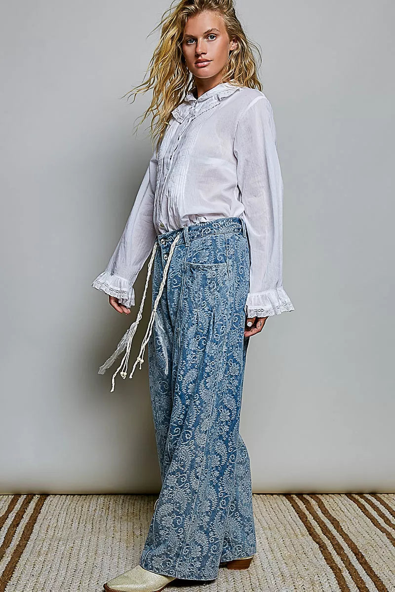 Pol Woven Lace Trim Pintuck Button-down Shirt view 7 (top) - pol shirt, pol down shirt, pol woven lace  - shop at us.meeeshop