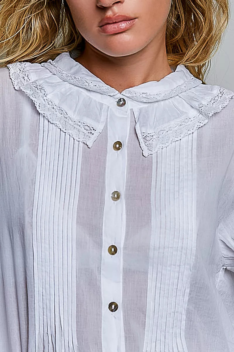 Pol Woven Lace Trim Pintuck Button-down Shirt view 8 (top) - pol shirt, pol down shirt, pol woven lace  - shop at us.meeeshop