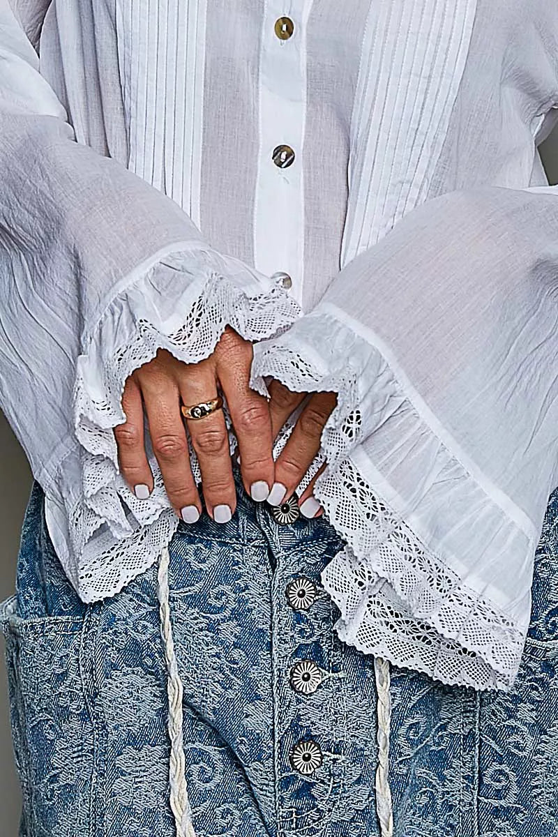 Pol Woven Lace Trim Pintuck Button-down Shirt view 9 (top) - pol shirt, pol down shirt, pol woven lace  - shop at us.meeeshop