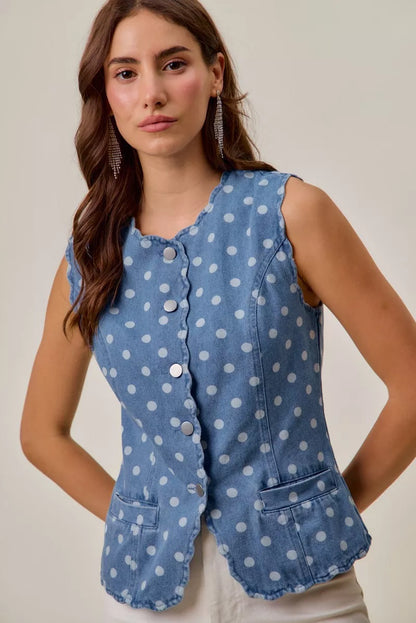 polka dot denim So Me Polka Dot Denim Scallop Edge Button Down Vest Top view 3 (top) - shop at us.meeeshop