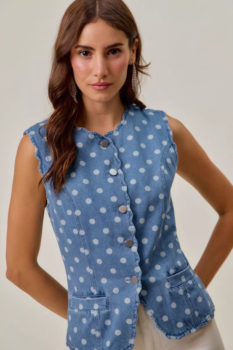 polka dot denim So Me Polka Dot Denim Scallop Edge Button Down Vest Top view 5 (top) - shop at us.meeeshop
