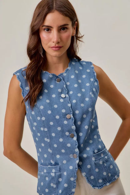 polka dot denim So Me Polka Dot Denim Scallop Edge Button Down Vest Top view 5 (top) - shop at us.meeeshop