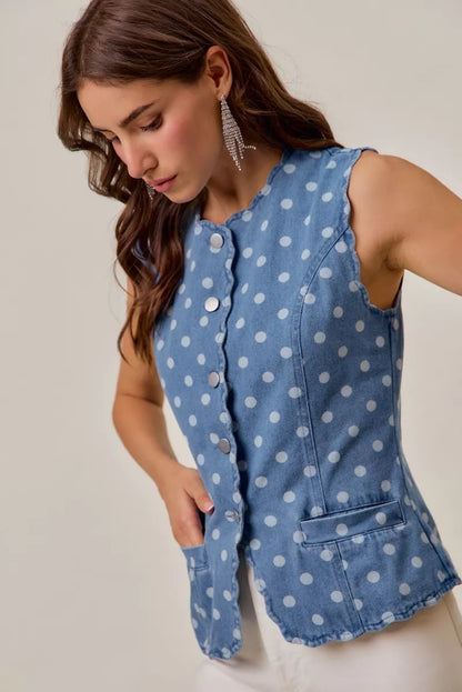 polka dot denim So Me Polka Dot Denim Scallop Edge Button Down Vest Top view 6 (top) - shop at us.meeeshop