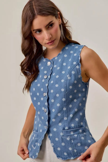 polka dot denim So Me Polka Dot Denim Scallop Edge Button Down Vest Top view 7 (top) - shop at us.meeeshop