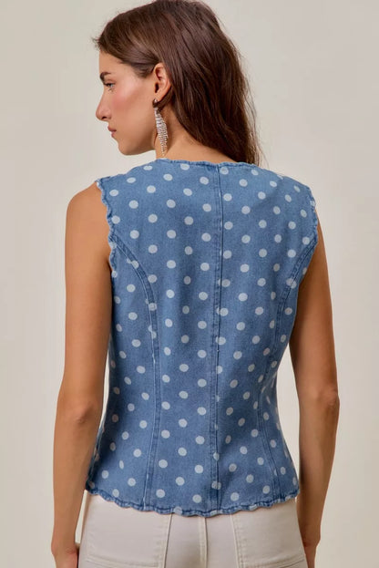 polka dot denim So Me Polka Dot Denim Scallop Edge Button Down Vest Top view 8 (top) - shop at us.meeeshop