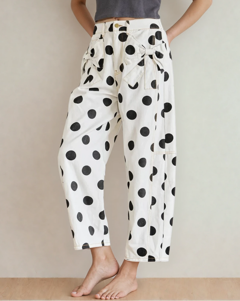 Polka Dot Print Bow Detail Pocketed Jeans White (bottom) - pol jeans, pol pocketed jeans, pol polka dot - shop at us.meeeshop