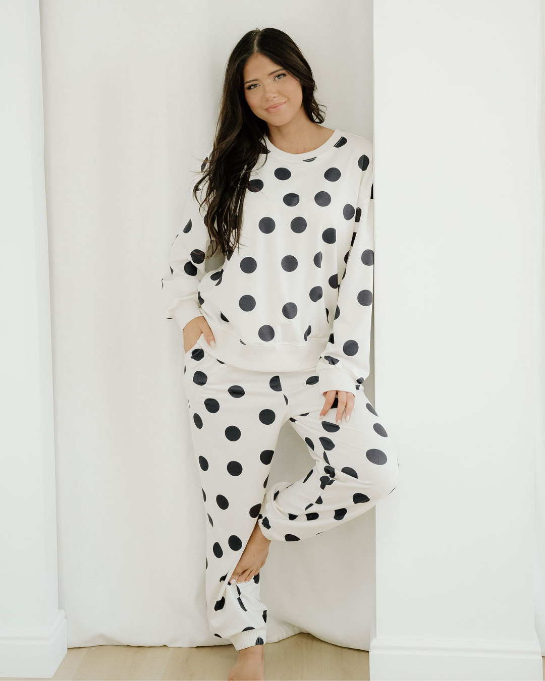 polka dot print Polka Dot Print Drop Shoulder Pullover Drawstring Jogger Pant Set - Beige Beige (bottom) - shop at us.meeesho