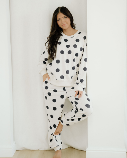 polka dot print Polka Dot Print Drop Shoulder Pullover Drawstring Jogger Pant Set - Beige Beige (bottom) - shop at us.meeesho