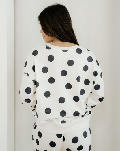 polka dot print Polka Dot Print Drop Shoulder Pullover Drawstring Jogger Pant Set - Beige view 11 (bottom) - shop at us.meees