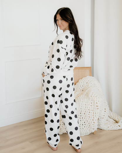 polka dot print Polka Dot Print Drop Shoulder Pullover Drawstring Jogger Pant Set - Beige view 12 (bottom) - shop at us.meees