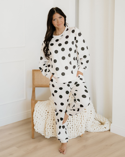 polka dot print Polka Dot Print Drop Shoulder Pullover Drawstring Jogger Pant Set - Beige view 2 (bottom) - shop at us.meeesh