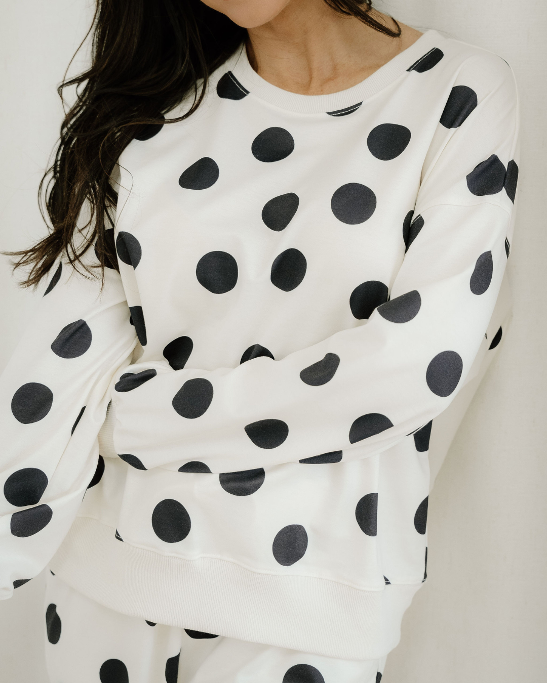 polka dot print Polka Dot Print Drop Shoulder Pullover Drawstring Jogger Pant Set - Beige view 5 (bottom) - shop at us.meeesh