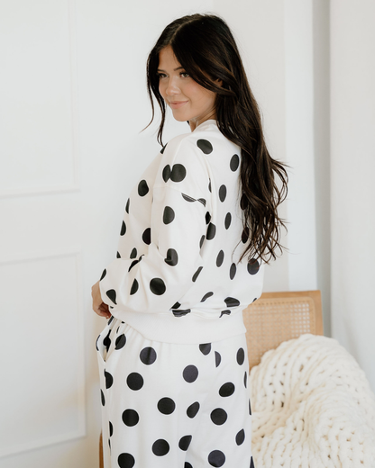 polka dot print Polka Dot Print Drop Shoulder Pullover Drawstring Jogger Pant Set - Beige view 6 (bottom) - shop at us.meeesh