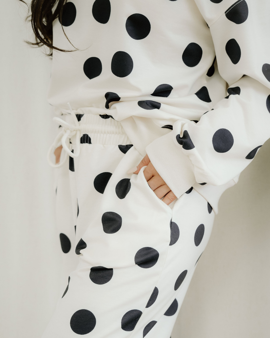 polka dot print Polka Dot Print Drop Shoulder Pullover Drawstring Jogger Pant Set - Beige view 7 (bottom) - shop at us.meeesh