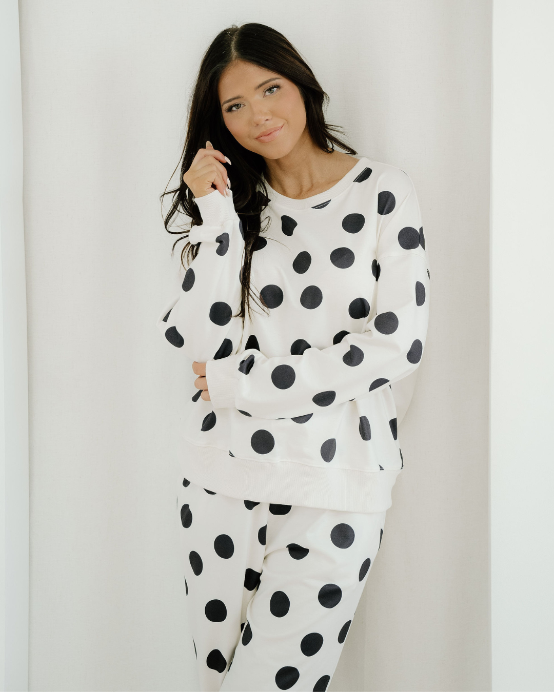 polka dot print Polka Dot Print Drop Shoulder Pullover Drawstring Jogger Pant Set - Beige view 8 (bottom) - shop at us.meeesh