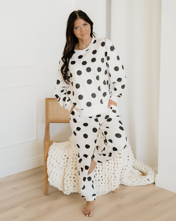 Polka Dot Pullover Drawstring Jogger Pant Set in Beige - Pol Pullover (top)