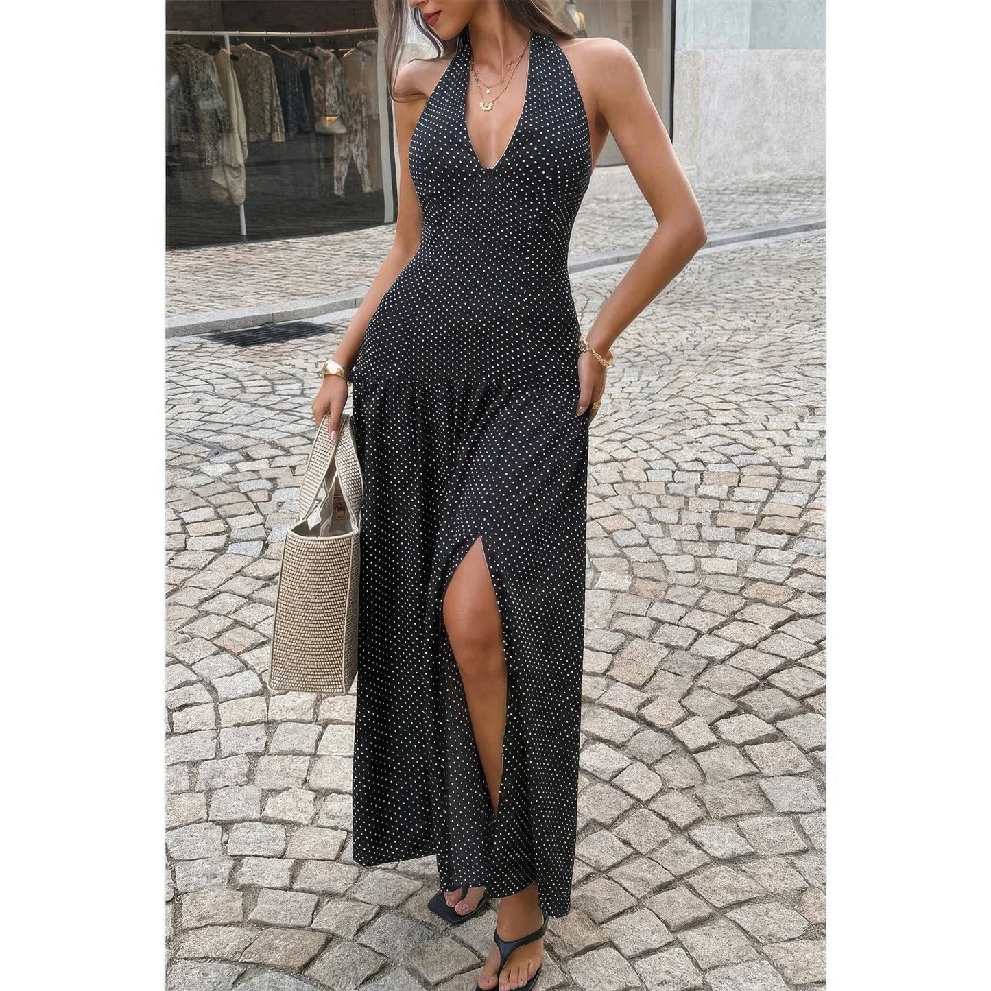 Polka Dot Vintage Halter Neck Maxi Dress in Black - Pol Dress