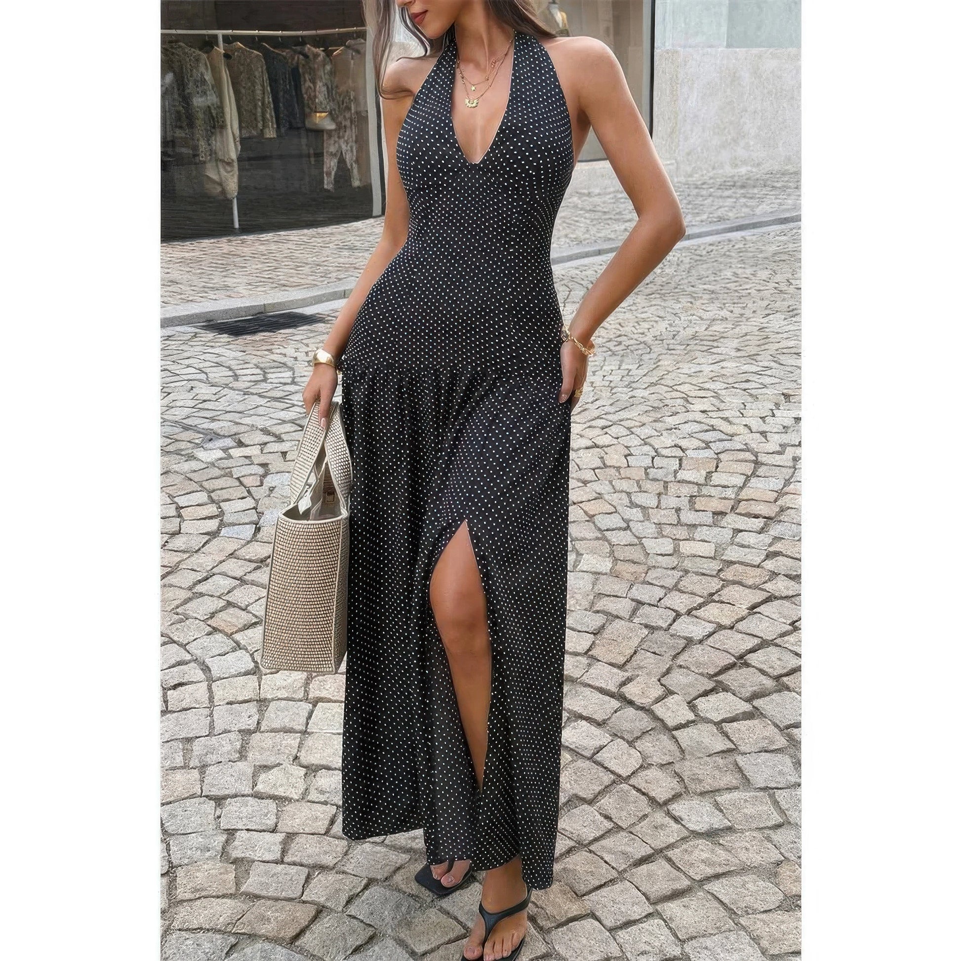 Polka Dot Vintage Halter Neck Maxi Dress in Black - Pol Dress