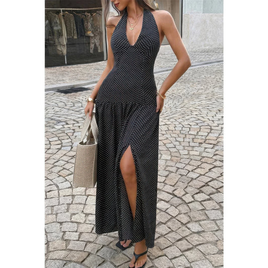 Polka Dot Vintage Halter Neck Maxi Dress in Black - Pol Dress