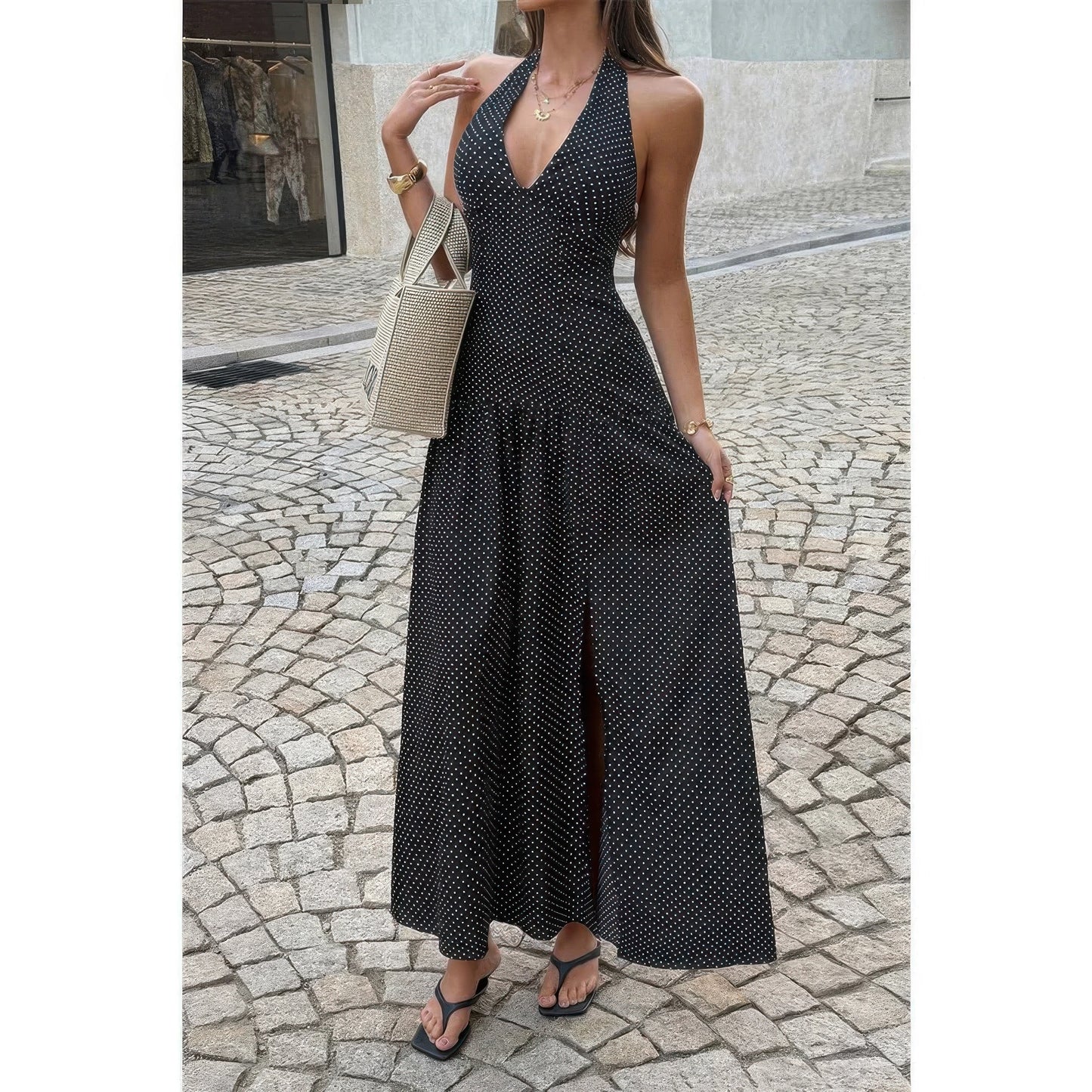 Polka Dot Vintage Halter Neck Maxi Dress in Black view 2 - Pol Dress