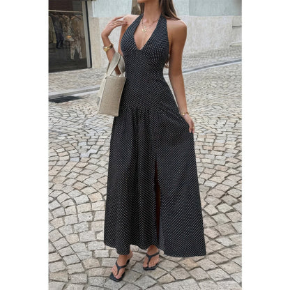 Polka Dot Vintage Halter Neck Maxi Dress in Black view 2 - Pol Dress