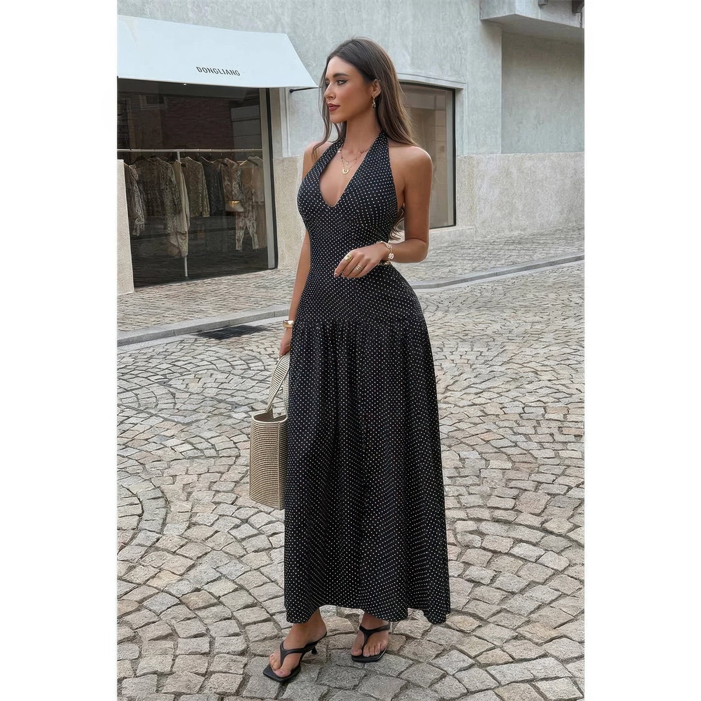 Polka Dot Vintage Halter Neck Maxi Dress in Black view 3 - Pol Dress