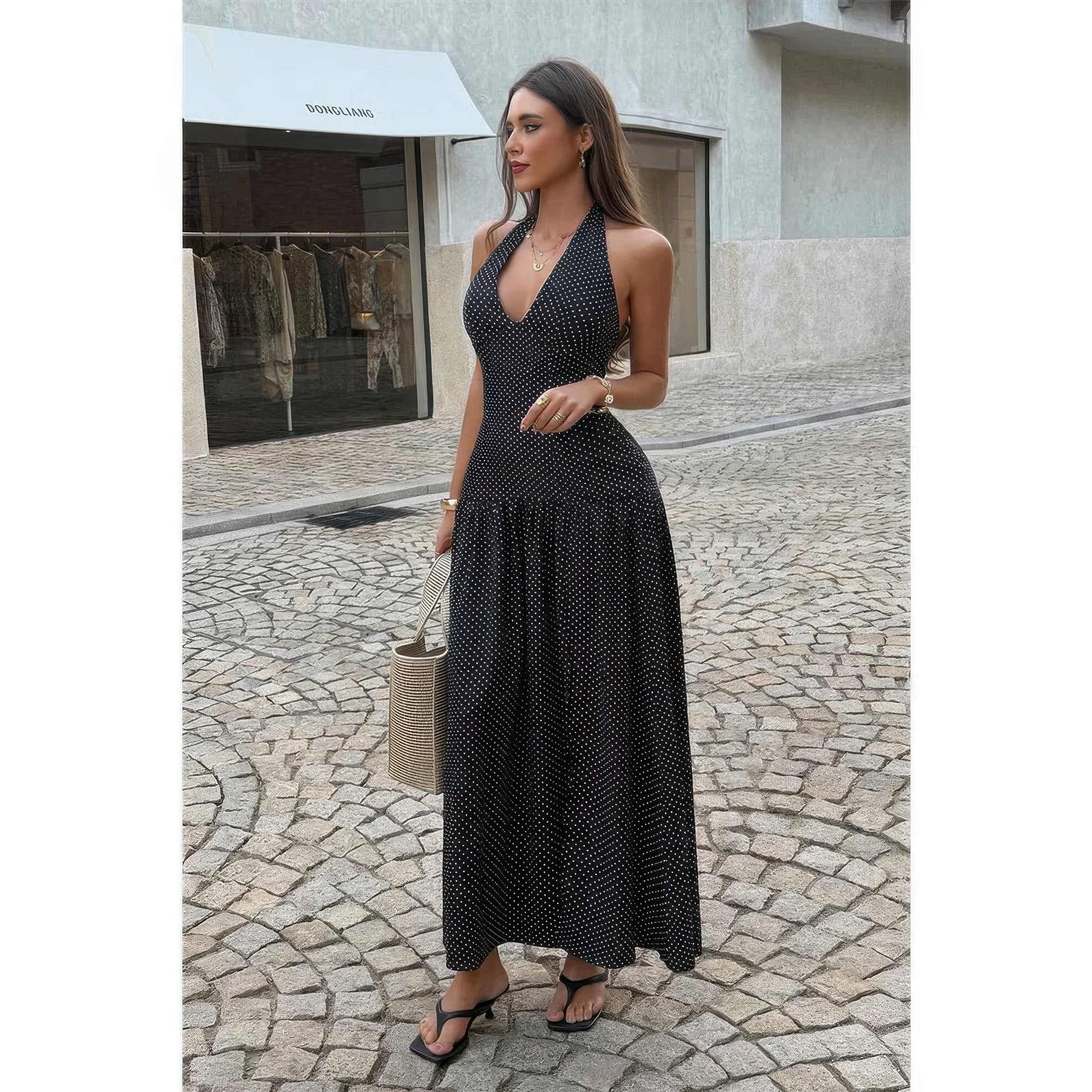 Polka Dot Vintage Halter Neck Maxi Dress in Black view 3 - Pol Dress
