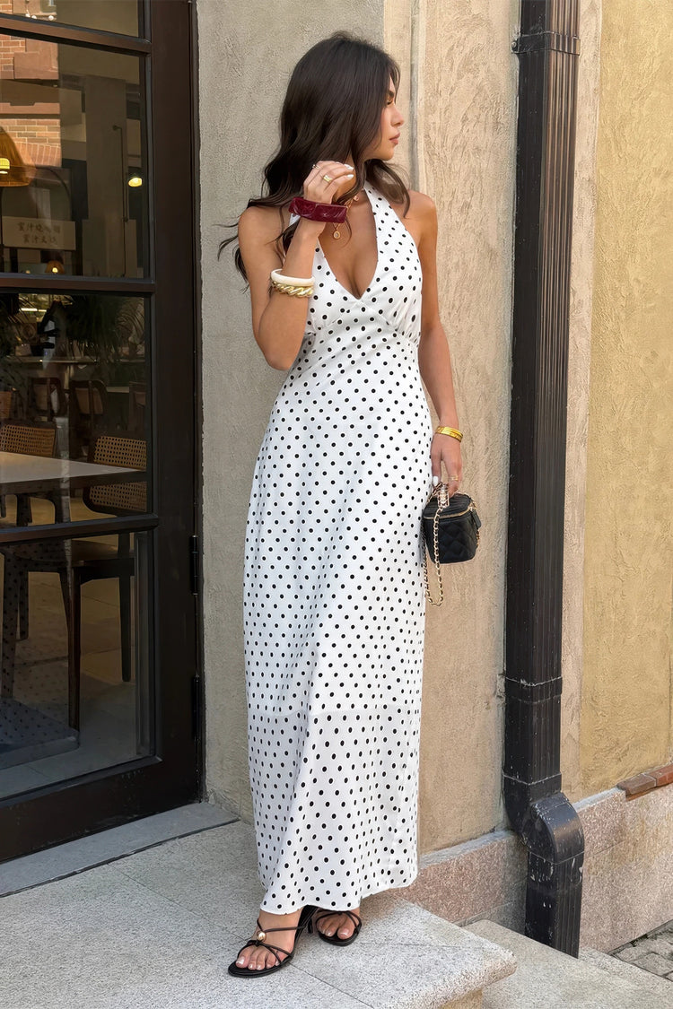 Polkadot Halter Bodycon Sleeveless Long Dress Cream view 6 (dress) - pol dress, pol long dress, pol pol - shop at us.meeeshop