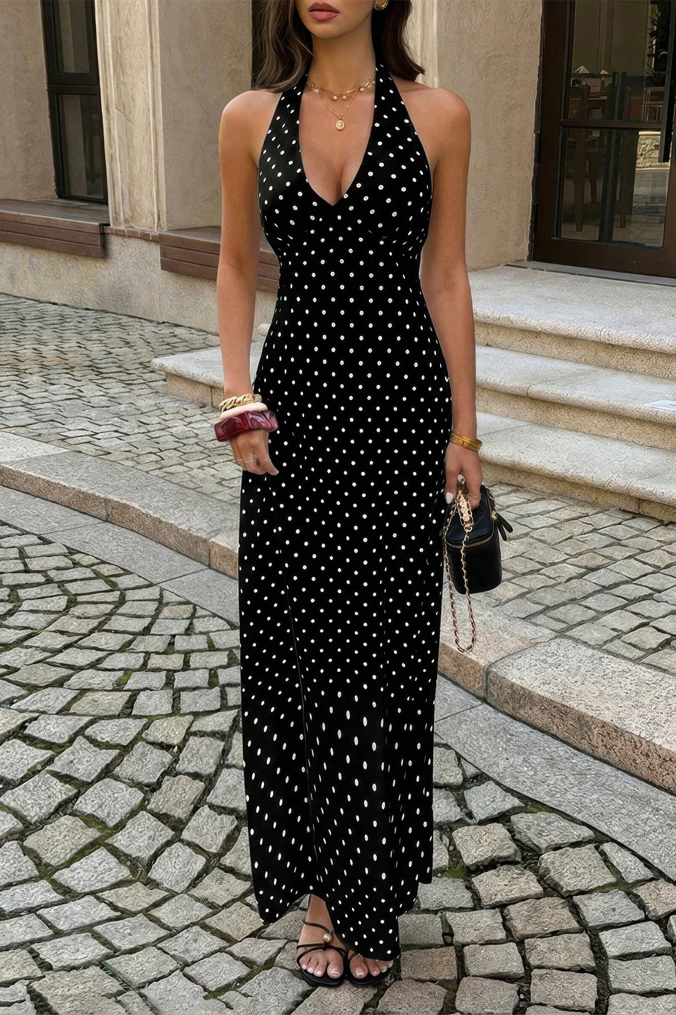 Polkadot Halter Bodycon Sleeveless Long Dress in Black - Pol Dress