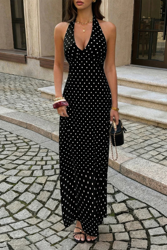 Polkadot Halter Bodycon Sleeveless Long Dress in Black - Pol Dress