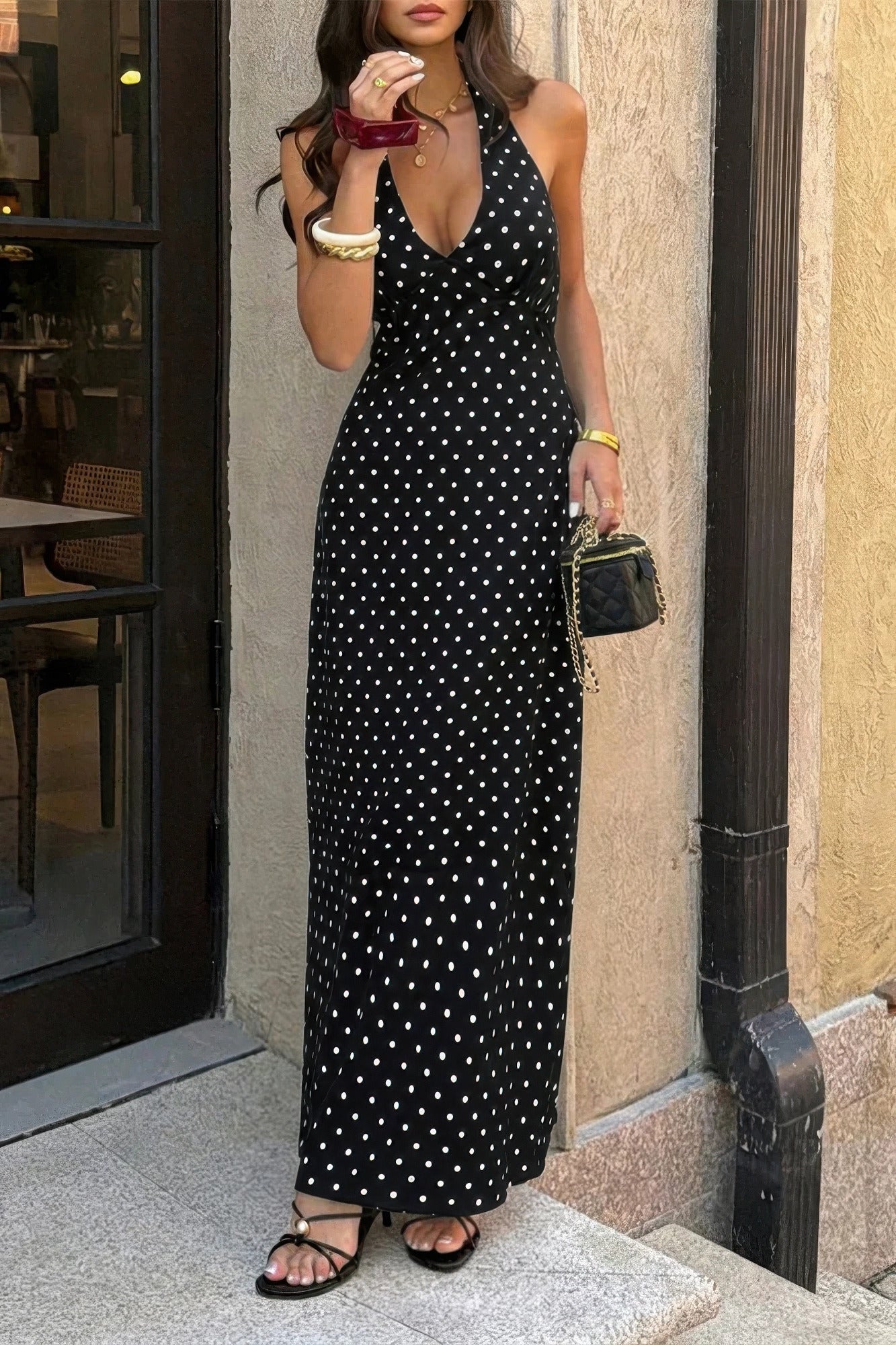 Polkadot Halter Bodycon Sleeveless Long Dress in Black view 4 - Pol Dress
