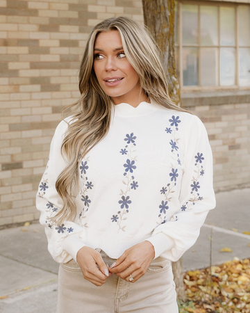 Polly Floral Embroidered Scallop Hem Cropped Sweater in M view 2 - Pol Floral Sweater (top)
