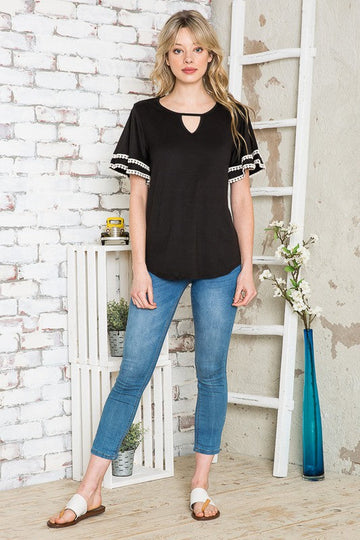 Pom Pom Flutter Sleeve Knit Top-rayon Spandex - MeeeShop Women's Fashion