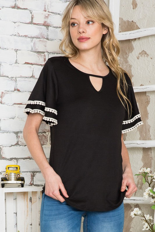 Pom Pom Flutter Sleeve Knit Top-rayon Spandex in BLACK - Fall Wardrobe Essential - Pom Pom Topiary