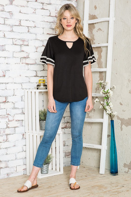 Pom Pom Flutter Sleeve Knit Top-rayon Spandex in BLACK view 2 - Fall Wardrobe Essential - Pom Pom Topiary