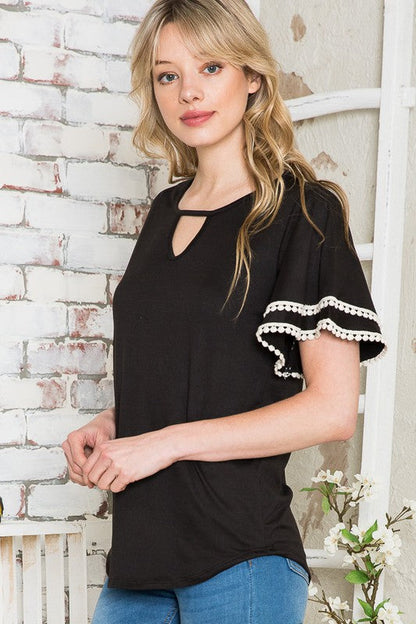 Pom Pom Flutter Sleeve Knit Top-rayon Spandex in BLACK view 3 - Fall Wardrobe Essential - Pom Pom Topiary