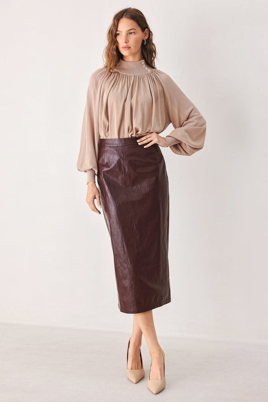 Port Wine High-rise Faux Leather Skirt in BLACK view 2 - Tibi Port Wine Slip Skirt