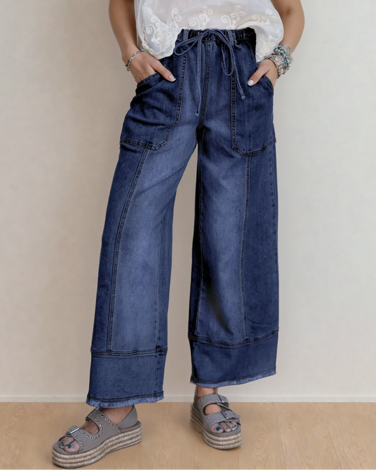 Preorder Beau Blue Drawstring Seam Detail Raw Hem Wide Leg Jeans - Dark Wash in Prussian Blue - Dark Jeans (bottom)