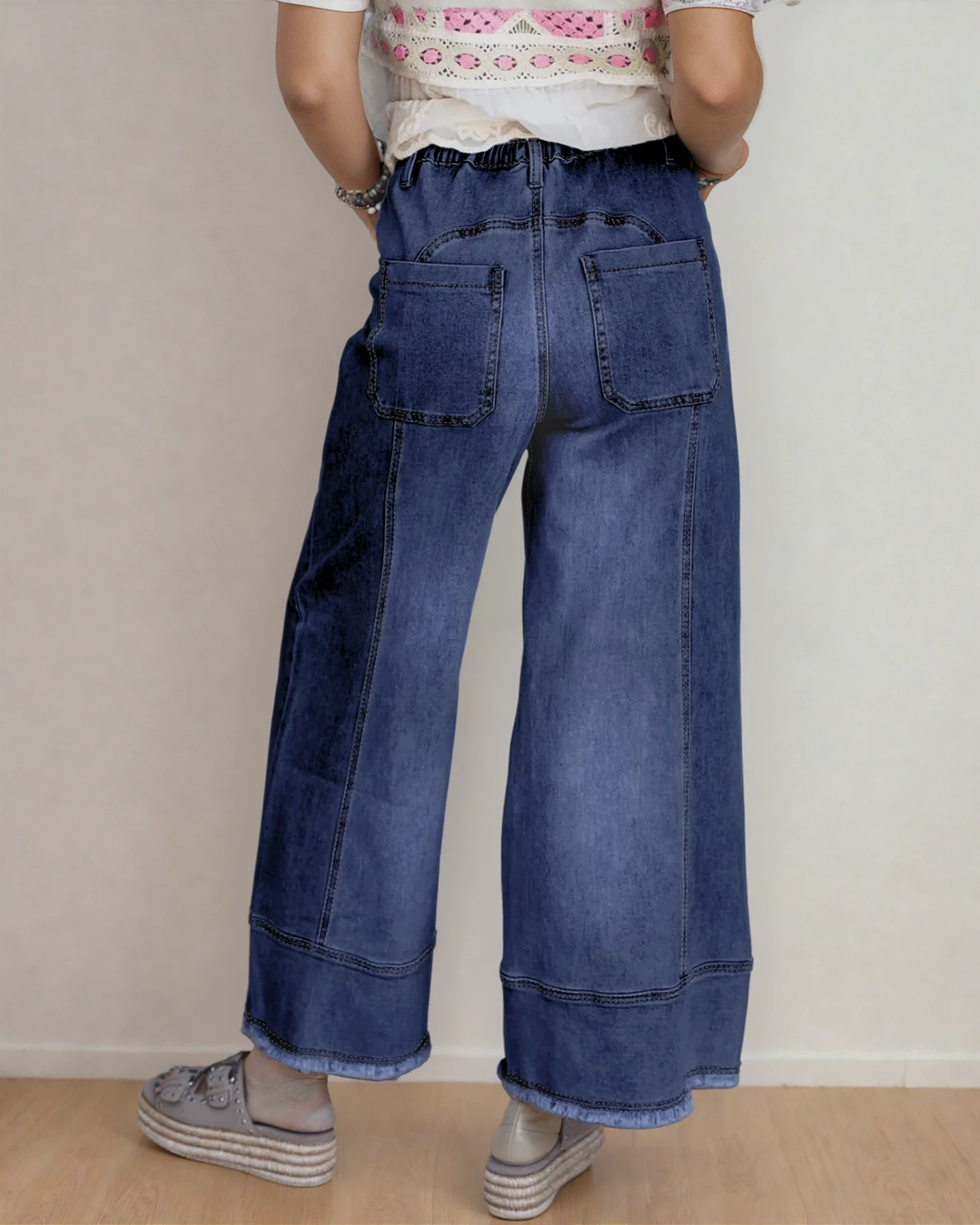 . Preorder Beau Blue Drawstring Seam Detail Raw Hem Wide Leg Jeans - Dark Wash - MeeeShop Women's Fashion